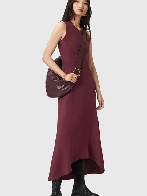 AllSaints sukienka GIA kolor bordowy maxi rozkloszowana W073DD