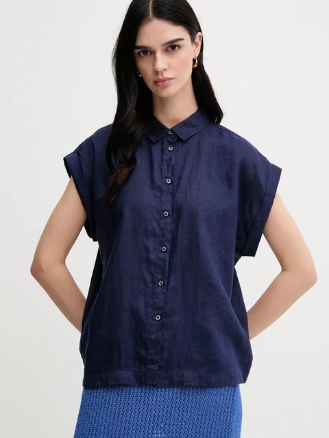 United Colors of Benetton koszula lniana kolor granatowy regular z kołnierzykiem klasycznym - zdjęcie produktu nr 1