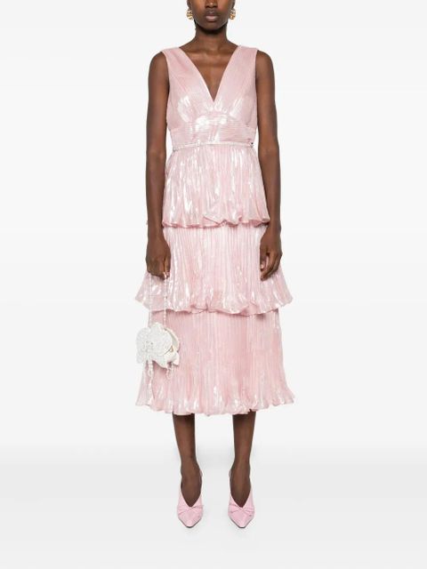 Self-Portrait pleated V-neck dress - Pink