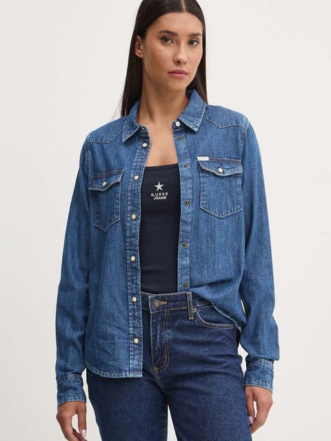 Guess Jeans koszula jeansowa damska kolor niebieski slim z kołnierzykiem klasycznym W4YH35 D5EI3 - zdjęcie produktu nr 1