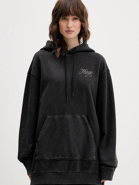 Hugo Blue bluza bawełniana damska kolor czarny z kapturem z aplikacją 50547955 - zdjęcie produktu nr 1