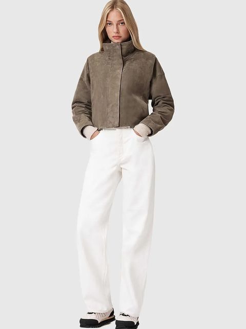 AllSaints kurtka zamszowa kolor brązowy przejściowa W092LD