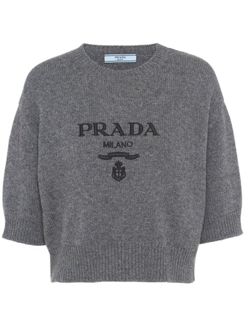 Prada logo-intarsia cropped wool jumper - Grey - zdjęcie produktu nr 1