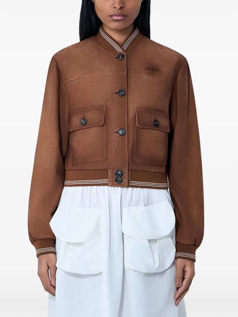 Miu Miu button-up rib-trim leather jacket - Brown - zdjęcie produktu nr 1