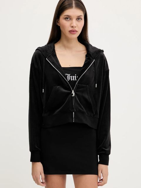 Juicy Couture bluza welurowa BRENDAL CROP OVERSIZED HOODIE damska kolor czarny z kapturem gładka JCBAS225801 - zdjęcie produktu nr 1