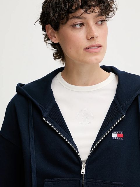 Tommy Jeans bluza bawełniana damska kolor granatowy z kapturem z aplikacją DW0DW21147