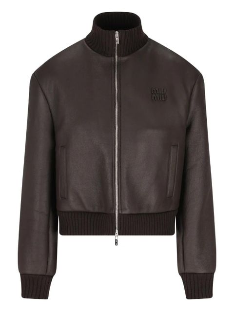 Miu Miu logo-patch zipped jacket - Brown - zdjęcie produktu nr 1