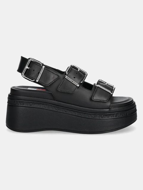Tommy Jeans sandały skórzane WEDGE SANDAL damskie kolor czarny na platformie EN0EN02774 - zdjęcie produktu nr 2