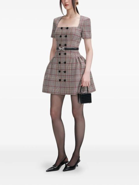 Self-Portrait checked short sleeve mini dress - Neutrals