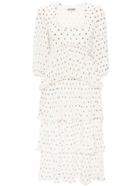GANNI monogram-print pleated midi dress - Neutrals