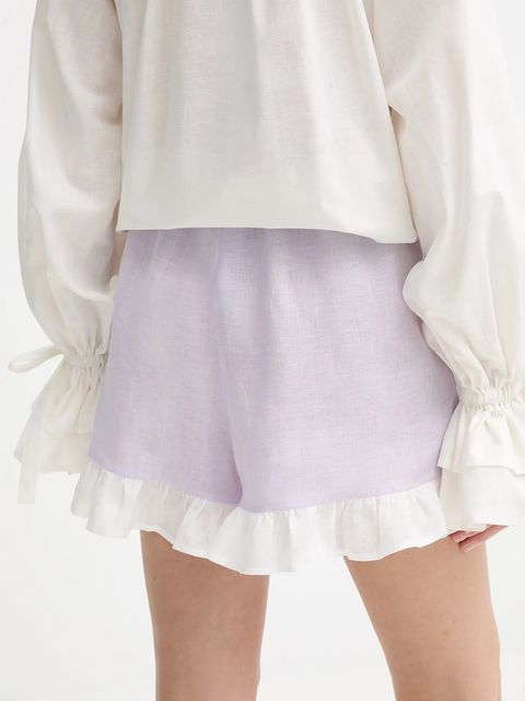 The Sleeper szorty lniane damskie kolor fioletowy gładkie high waist PFSH01P009R