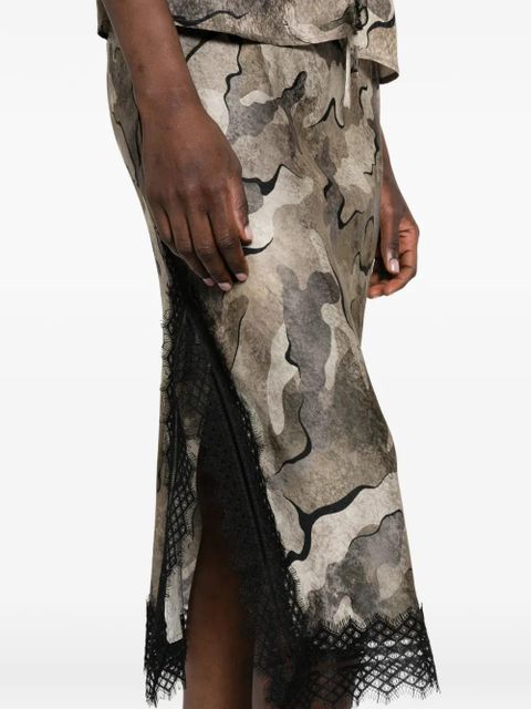 PINKO camouflage-print lace-trim midi skirt - Neutrals