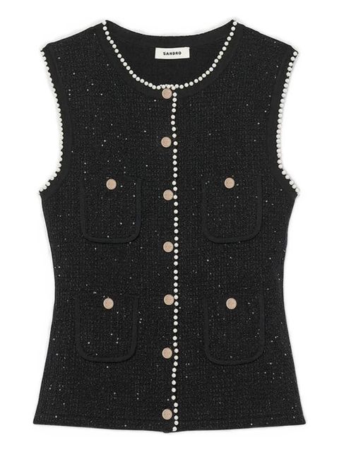 SANDRO pearl-trimmed tweed waistcoat - Black - zdjęcie produktu nr 1