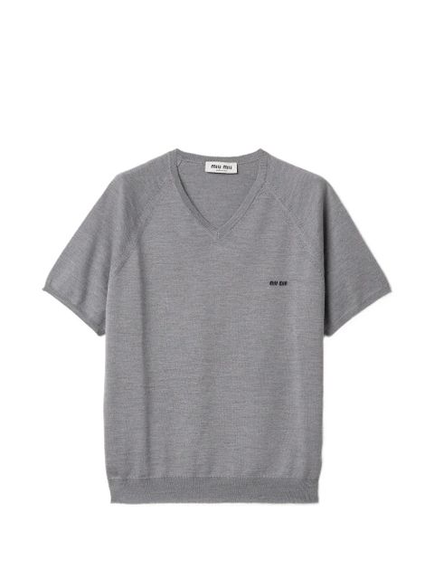 Miu Miu V-neck intarsia-logo T-shirt - Grey - zdjęcie produktu nr 1