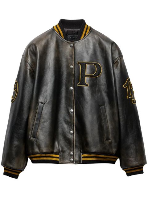 Prada logo-appliqué leather bomber jacket - Black - zdjęcie produktu nr 1
