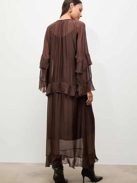 Answear.LAB sukienka z jedwabiem kolor brązowy maxi prosta