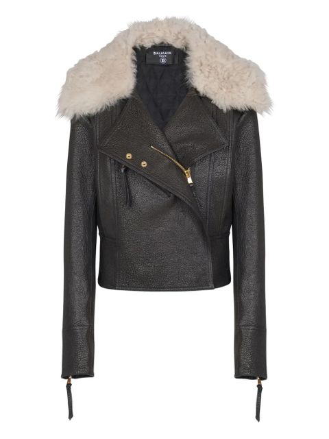 Balmain shearling-collar lambskin biker jacket - Black - zdjęcie produktu nr 1
