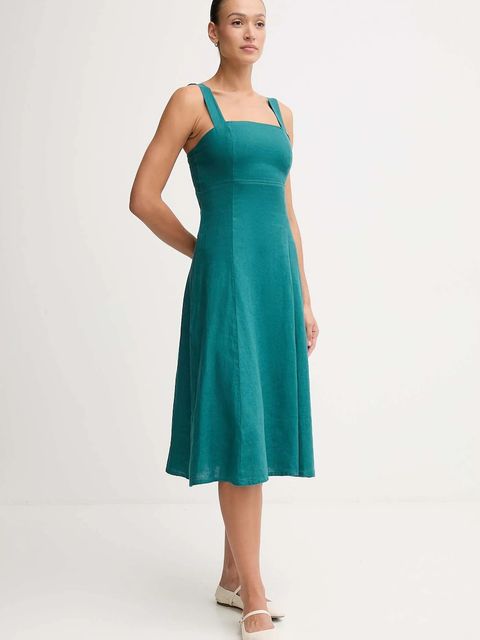 United Colors of Benetton sukienka lniana kolor zielony midi rozkloszowana 4AGHDV0AG