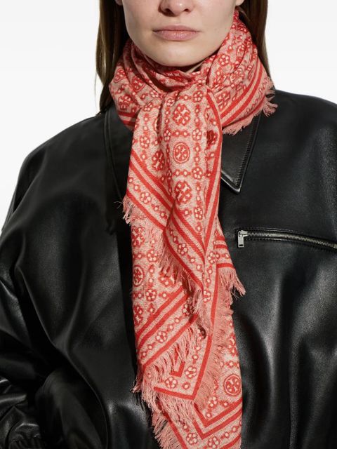 Tory Burch T-monogram fringed scarf - Red