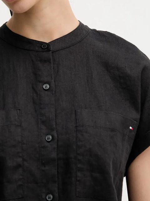 Tommy Hilfiger koszula lniana damska kolor czarny relaxed ze stójką WW0WW44715