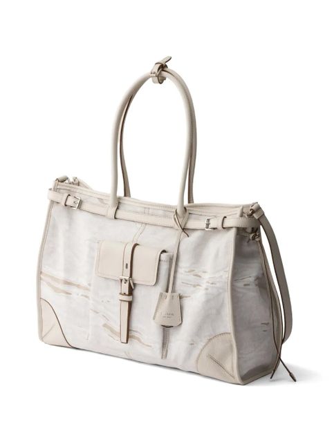 Prada Bonnie printed linen and leather tote bag - Neutrals