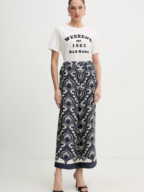 Weekend Max Mara spodnie jedwabne OTTICO damskie kolor granatowy proste high waist 2615131011600