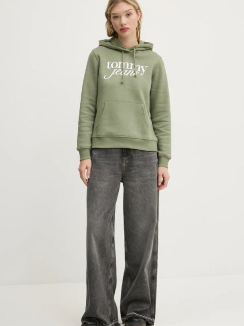 Tommy Jeans bluza damska kolor zielony z kapturem z nadrukiem DW0DW20170