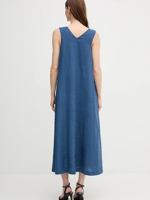 United Colors of Benetton sukienka lniana kolor granatowy maxi rozkloszowana