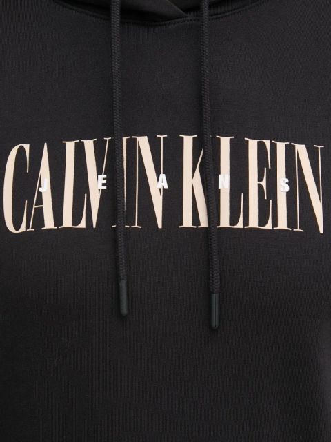 Calvin Klein Jeans bluza bawełniana damska kolor czarny z kapturem z nadrukiem J20J225579