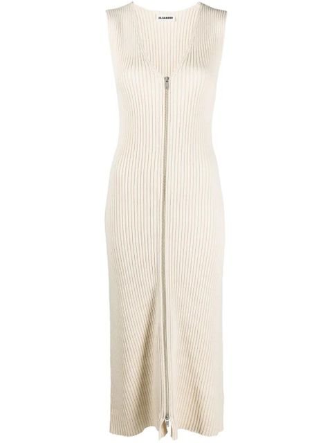 Jil Sander V-neck ribbed-knit midi dress - Neutrals - zdjęcie produktu nr 1