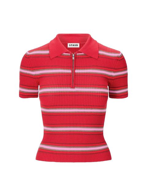 STAUD Ren zip-fatening striped polo shirt - Red - zdjęcie produktu nr 2