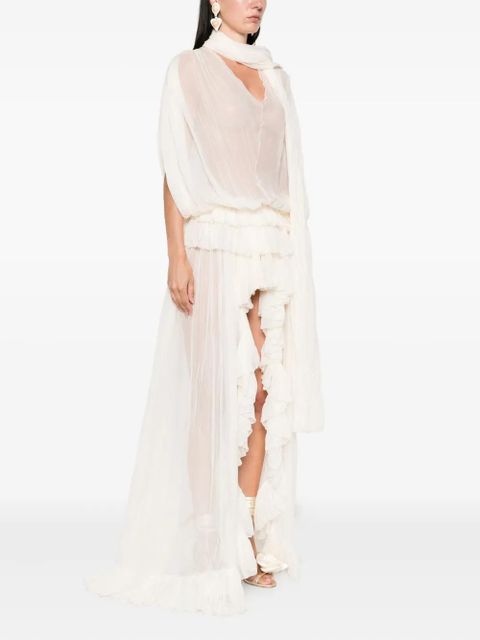 Blumarine pleated ruffled asymmetric day dress - Neutrals