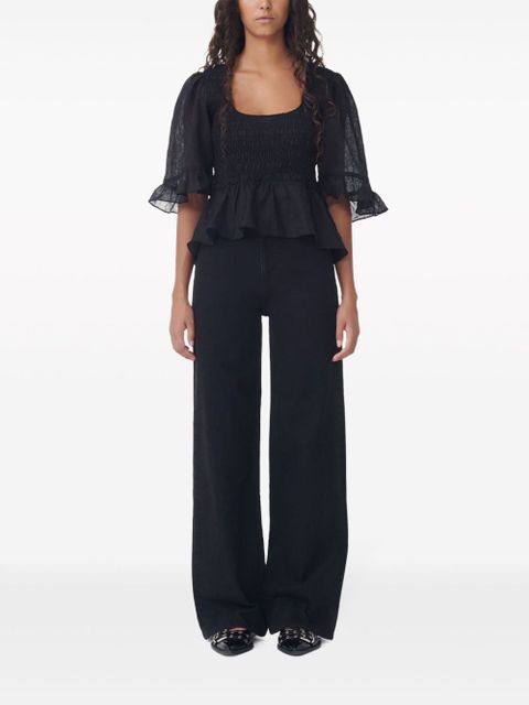 GANNI Crinkled Georgette Smock Blouse - Black