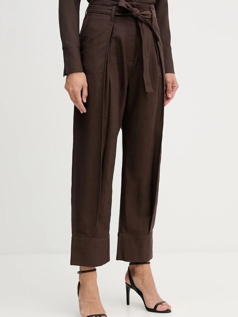 Sisley spodnie damskie kolor brązowy szerokie high waist 4ETSLF082