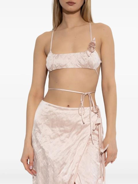 Blumarine rose-appliqué crinkled-satin top - Pink