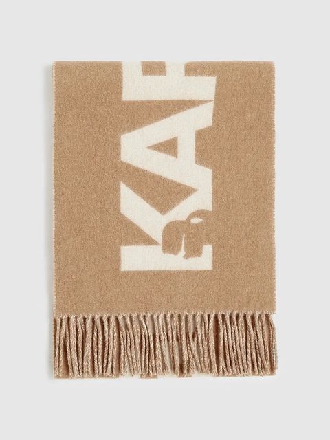 Karl Lagerfeld szal z dodatkiem wełny K/ESSENTIAL damski kolor beżowy wzorzysty A4W33125 - zdjęcie produktu nr 1