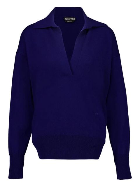 TOM FORD polo V-neck cashmere knit top - Blue - zdjęcie produktu nr 1