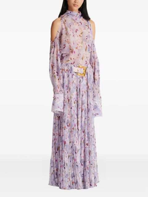Balmain flower-print pleated skirt - Purple
