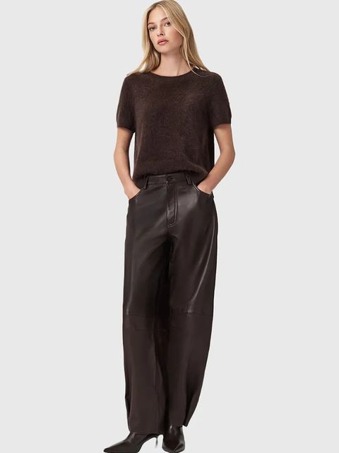 AllSaints spodnie skórzane JETT damskie kolor brązowy szerokie high waist W026TD - zdjęcie produktu nr 2