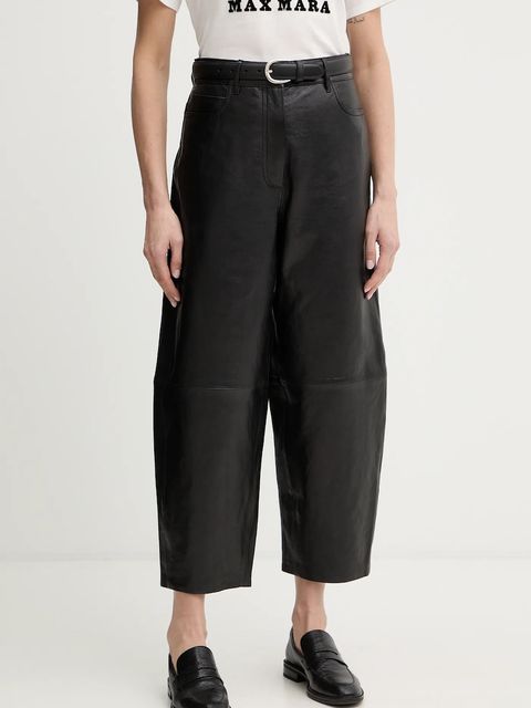 Weekend Max Mara spodnie skórzane PAGANO damskie kolor czarny fason chinos high waist 2615431011600 - zdjęcie produktu nr 1