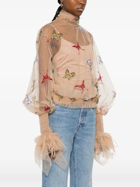 Blumarine butterfly-embroidered mesh blouse - Neutrals