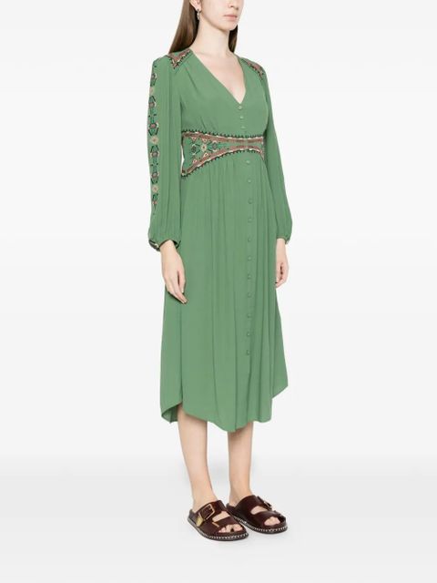 Ba&Sh Robe Tina embroidery buttoned midi dress - Green