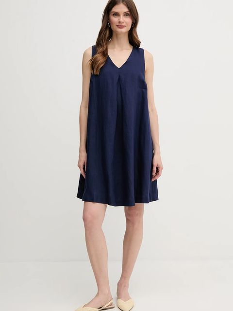 United Colors of Benetton sukienka lniana kolor granatowy mini rozkloszowana 4AGHDV0AX - zdjęcie produktu nr 2