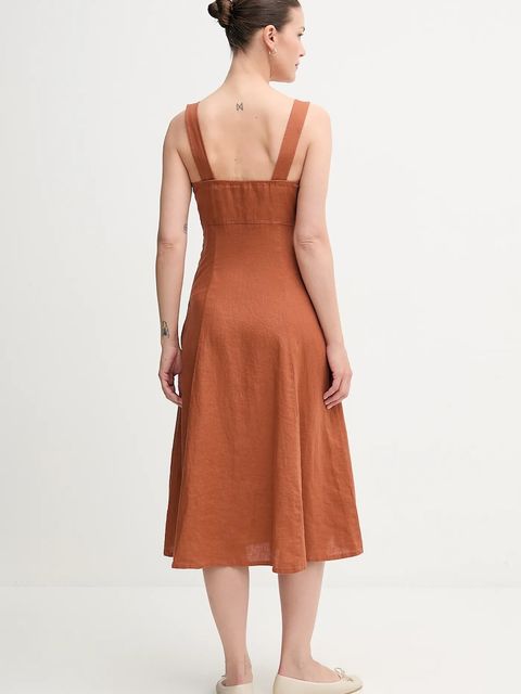 United Colors of Benetton sukienka lniana kolor pomarańczowy midi rozkloszowana 4AGHDV0AG