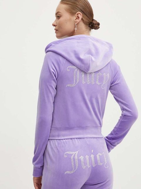 Juicy Couture bluza welurowa MADISON HOODIE kolor fioletowy z kapturem z aplikacją JCWA122001