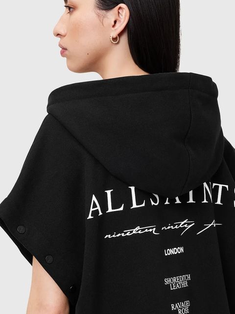 AllSaints bluza bawełniana AROMA damska kolor czarny z kapturem z nadrukiem W134JC