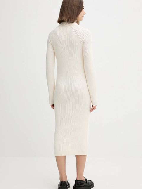 Tommy Jeans sukienka bawełniana kolor beżowy midi dopasowana DW0DW22167
