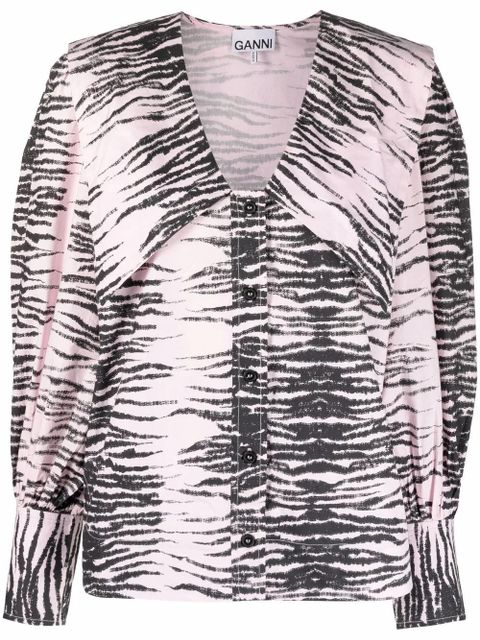 GANNI stripe print V-neck shirt - Pink