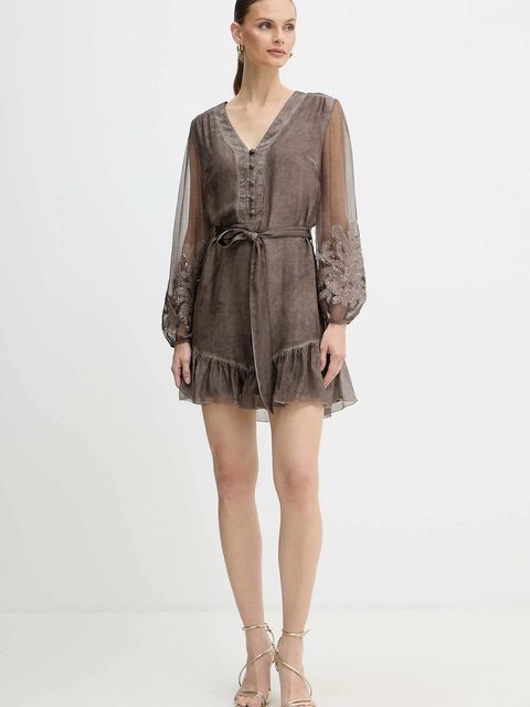 Guess sukienka z dodatkiem jedwabiu CAMILLA kolor brązowy mini prosta W5BK76 WE550 - zdjęcie produktu nr 2