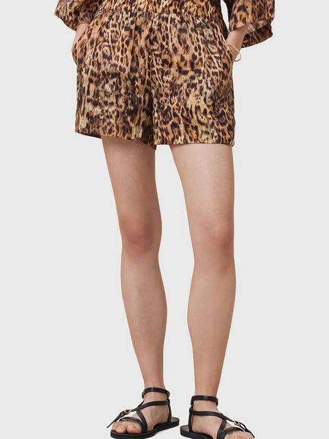 AllSaints szorty z domieszką jedwabiu CHARLI damskie kolor brązowy wzorzyste high waist W037TC - zdjęcie produktu nr 2